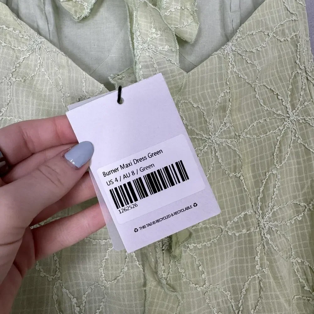 Princess Polly Burner Maxi Dress Women 4 Green Tie Back Floral Embroidered Fairy